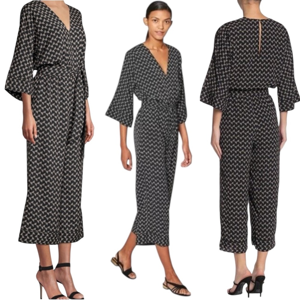 Joie Burgess Jumpsuit Black Wide Leg Cropped Geometric Print Belted Women’s S - Picture 5 of 17